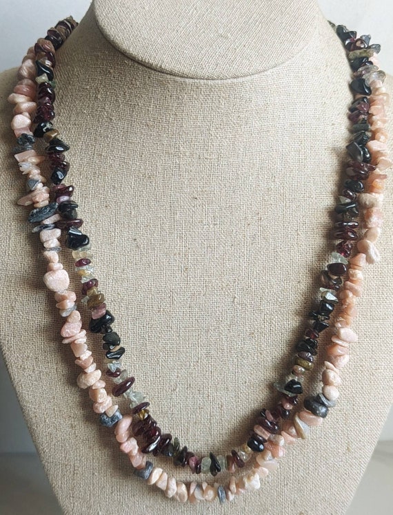 Vintage Rose Quartz and Garnet Chip Necklaces - S… - image 1