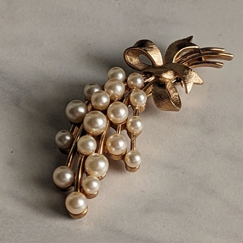 Crown Trifari Faux Pearl Bouquet Brooch image 2