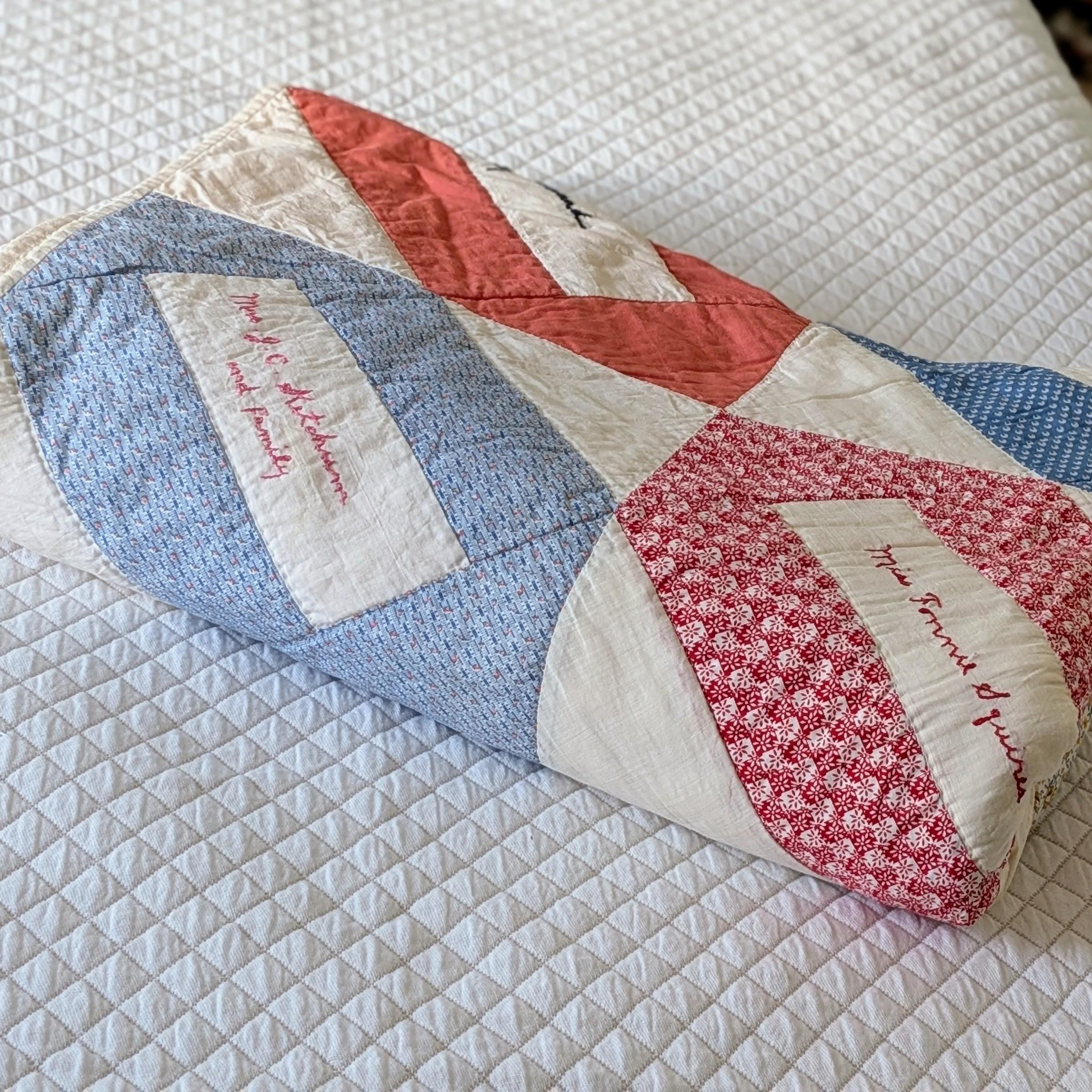 Vintage Hand Quilted Embroidered Name Family Quilt 85 X 59 Inches