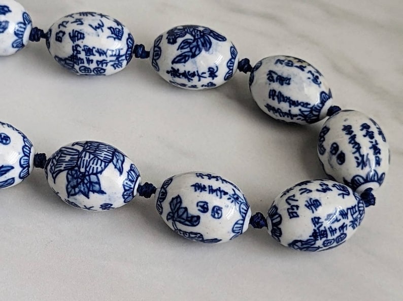 Vintage Chinese Blue White Porcelain Beaded Necklace Etsy