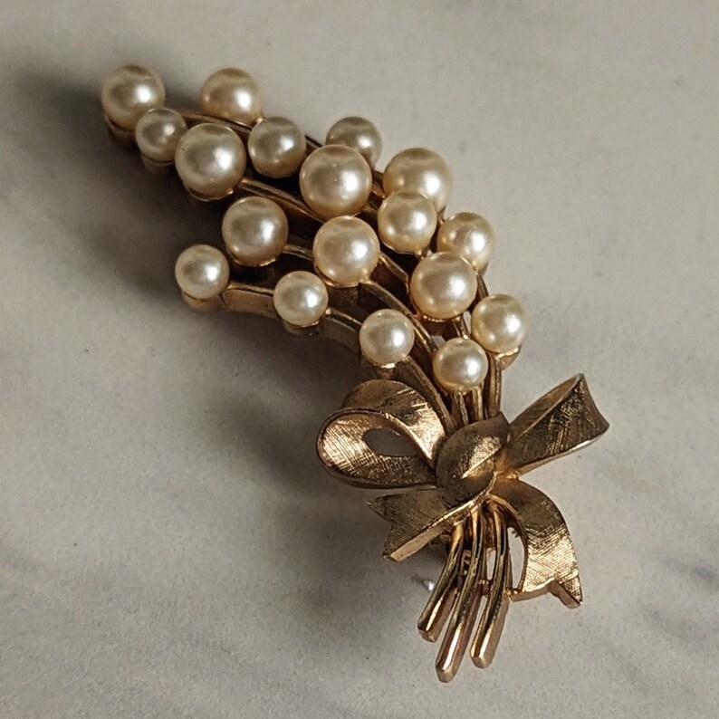 Crown Trifari Faux Pearl Bouquet Brooch image 3