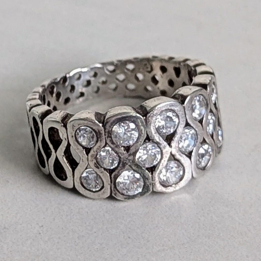 Wavy 925 Silver Cubic Zirconia Marcasite Wide Band Ring - Statement ...