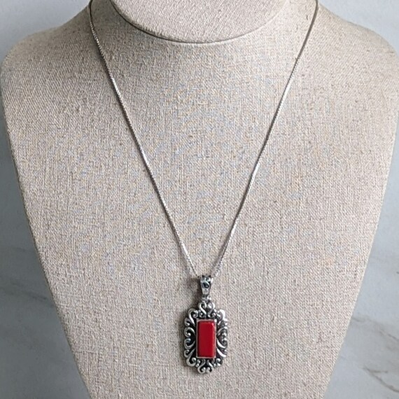 Vintage Sterling Silver Red Stone Coral Scrolled … - image 2