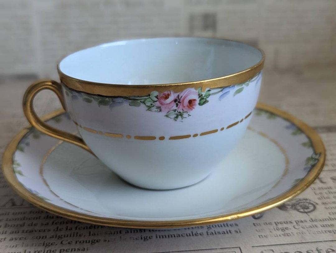 C. P. Limoges Bone China Teacup and Saucer Set, Hand Painted Pink Floral W/delicate Gold Design