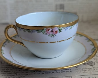 Limoges Bone China Teacup and Saucer: Hand-Painted Pink Floral, Gold Gilding
