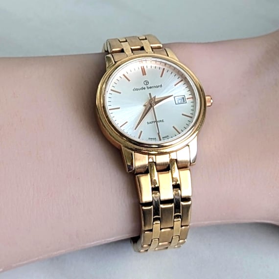 Claude Bernard Sapphire Watch: Gold Tone Basket Weave Band, Swiss
