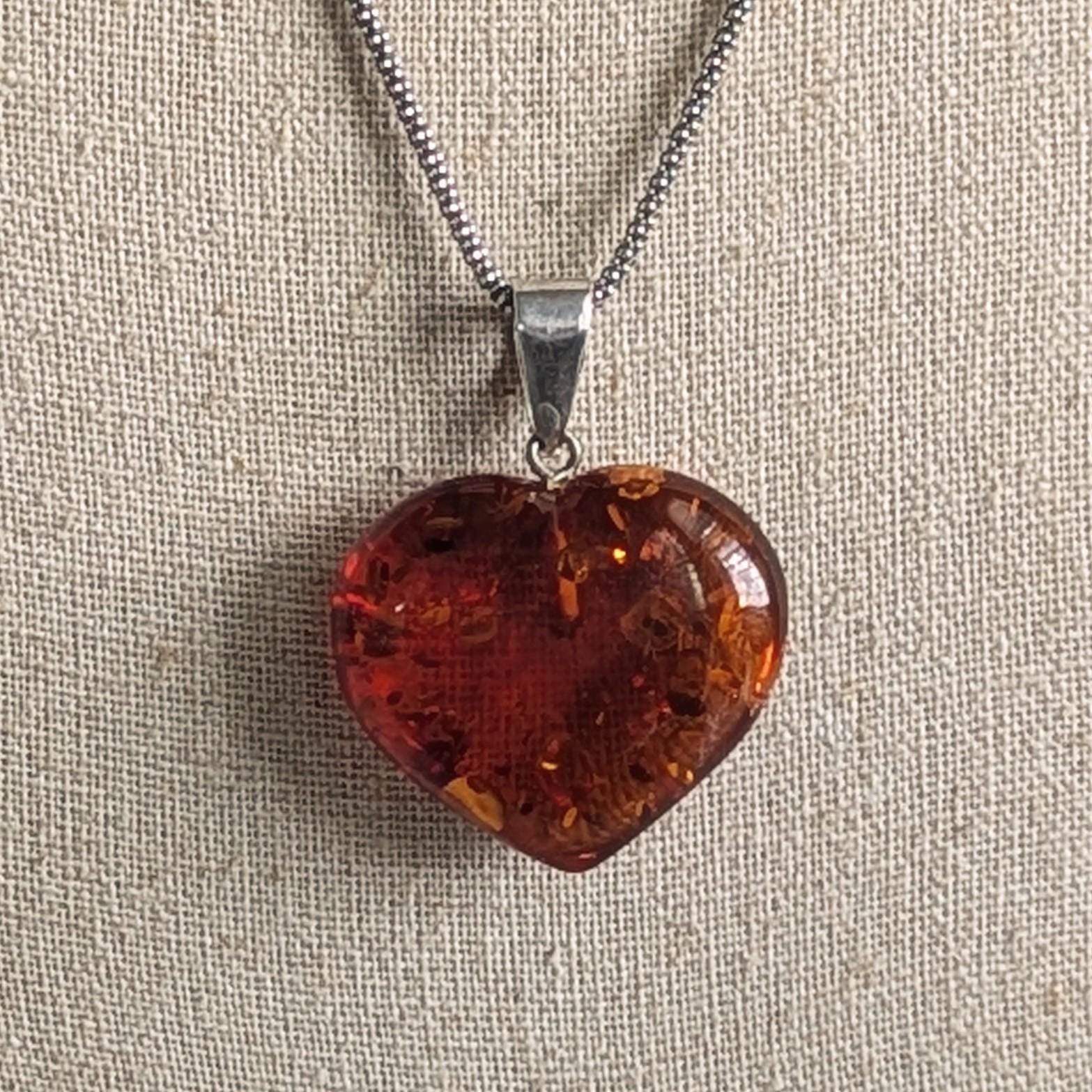 Sterling Silver Large Amber Heart Pendant Necklace 1.25" pendant