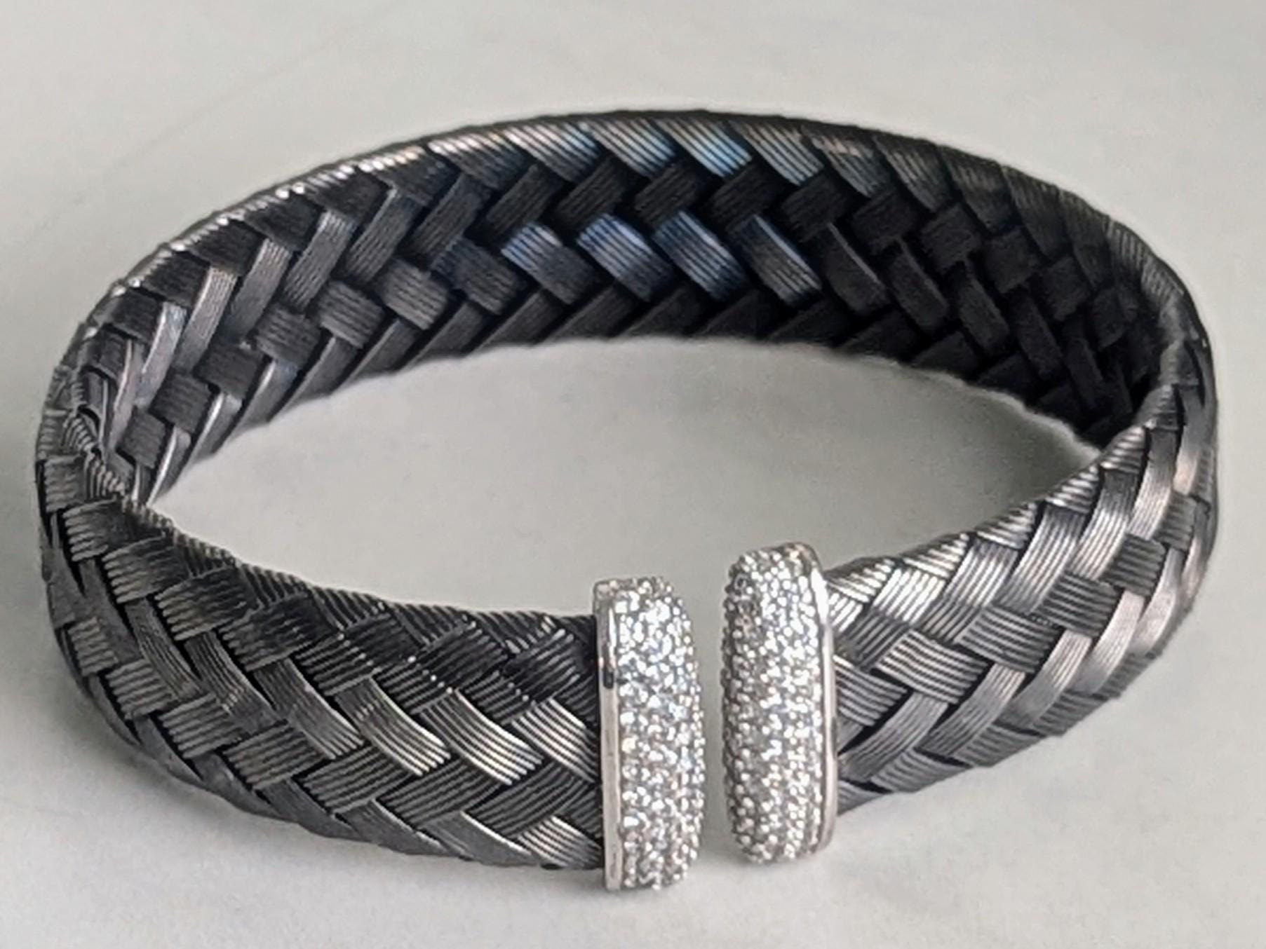 JCM Italy Sterling Silver Basket Weave CZ Cuff Bracelet - Gun
