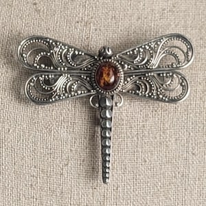 May include: Silver dragonfly brooch with an amber-colored gemstone in the center.