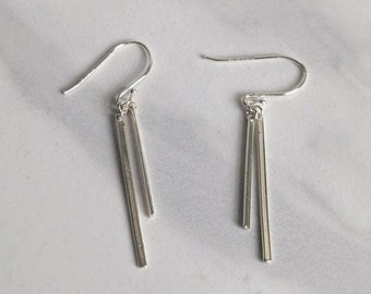 925 Silver Skinny Bar Dangle Earrings Elegant Minimalist