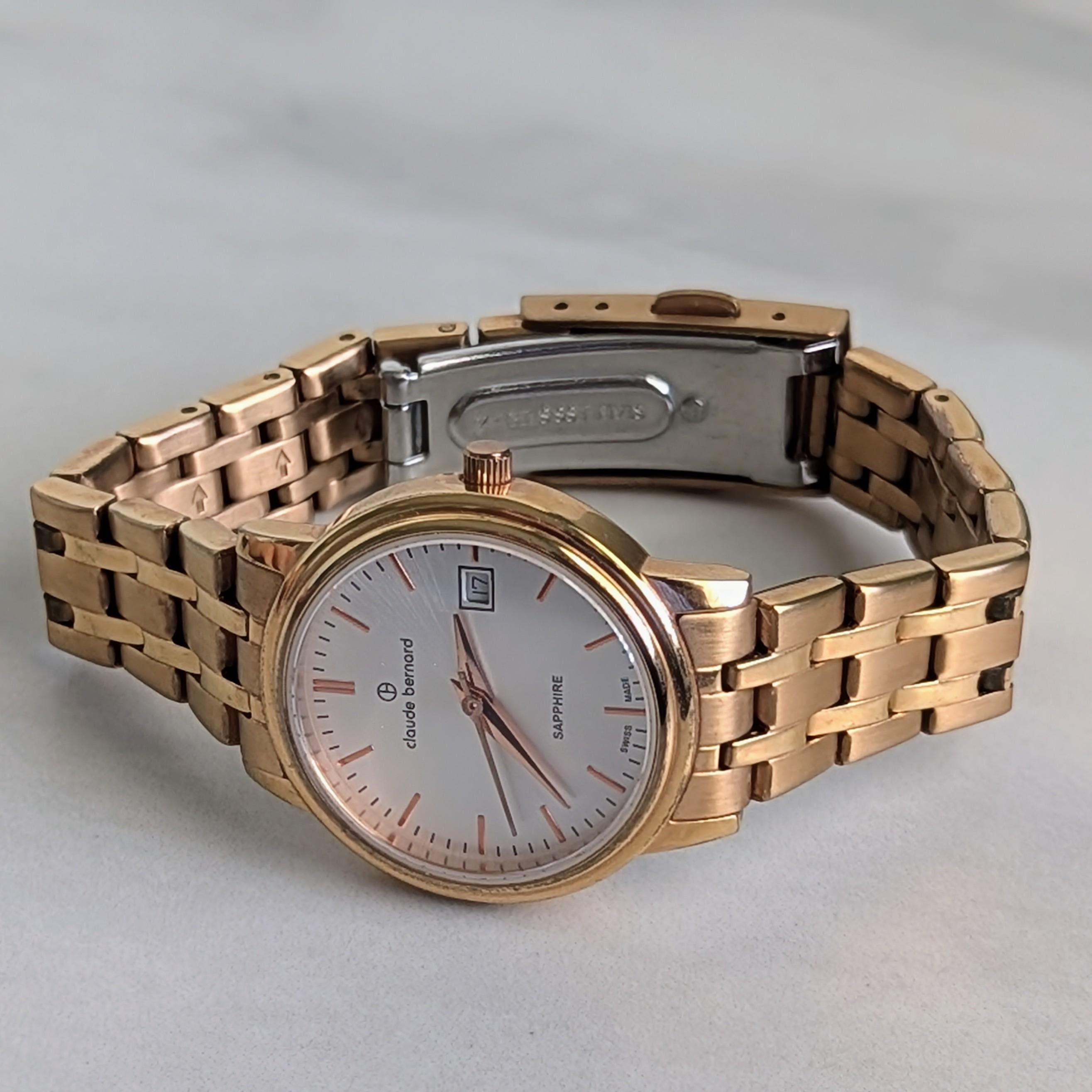 Claude Bernard Sapphire Watch: Gold Tone Basket Weave Band, Swiss 
