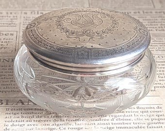 Antique Cut Glass Sterling Silver Lidded Vanity Jar Monogram W/M  52.6g STERLING