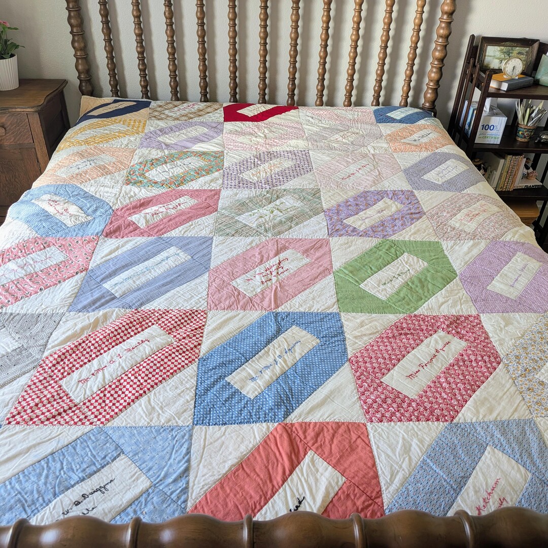 Vintage Hand Quilted Embroidered Name Family Quilt 85 X 59 Inches