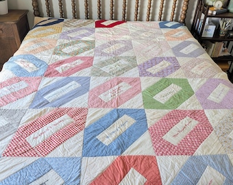 Vintage Hand Quilted Embroidered Name Family Quilt 85 x 59 inches