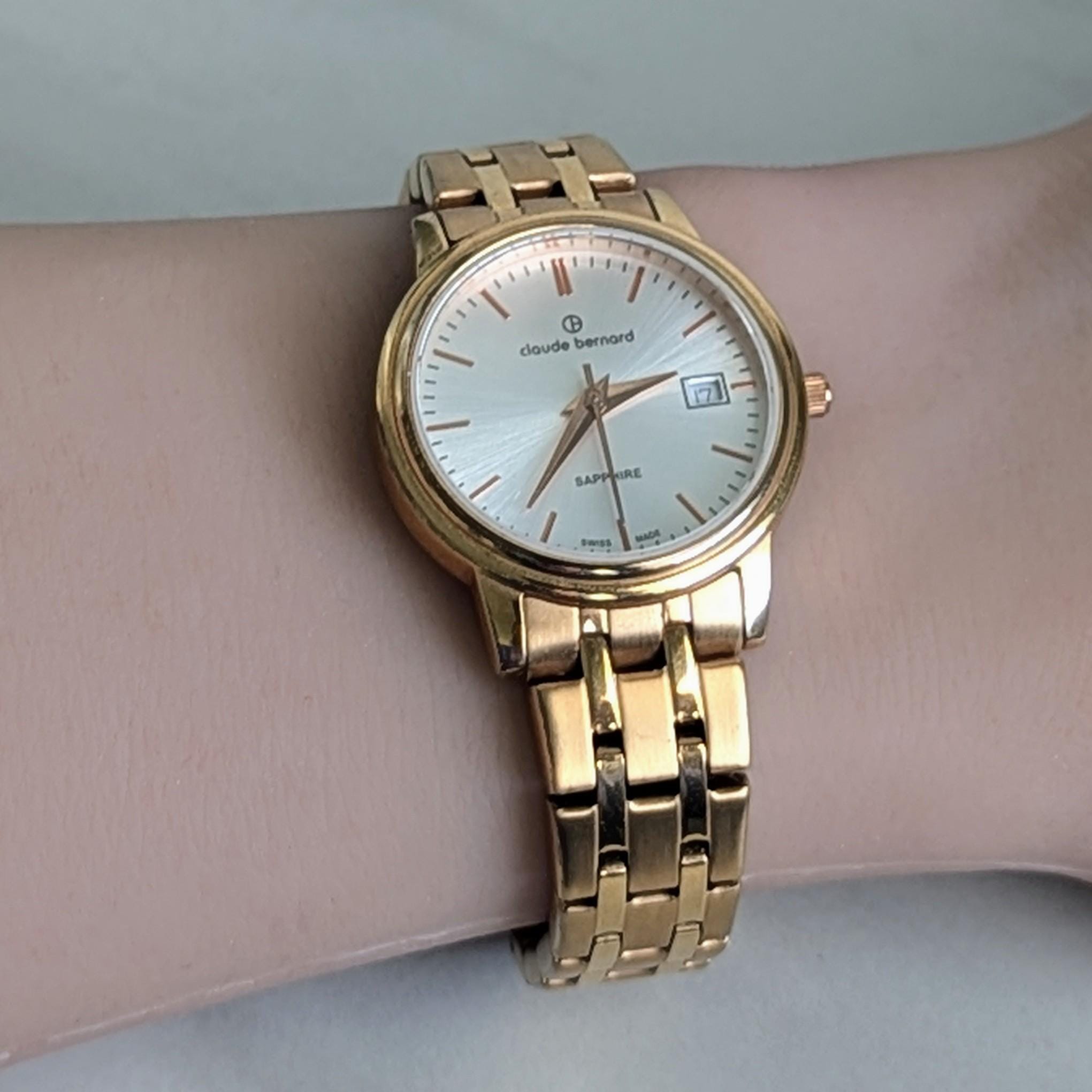 Claude Bernard Sapphire Watch: Gold Tone Basket Weave Band