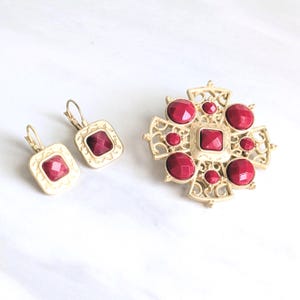 Vintage Matte Goldtone Faux Ruby Maltese Cross Brooch with Matching Earrings