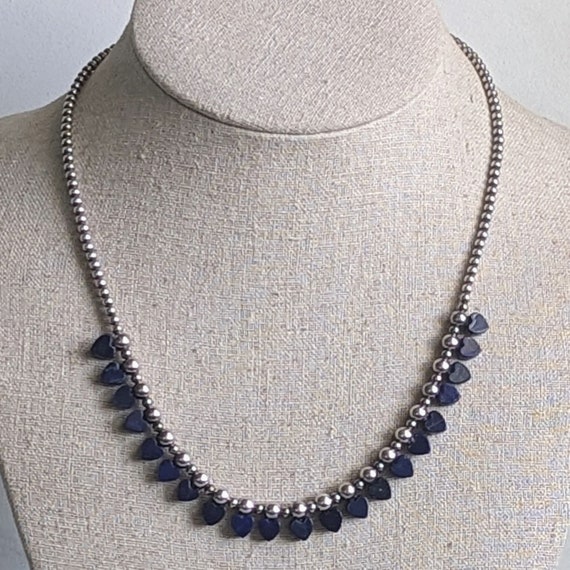 Sterling Silver Lapis Lazuli Ball Bead Heart Neck… - image 1