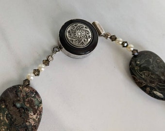 Stunning Camouflage Jasper Teardrop Beaded Necklace 925 Silver Clasp 18"