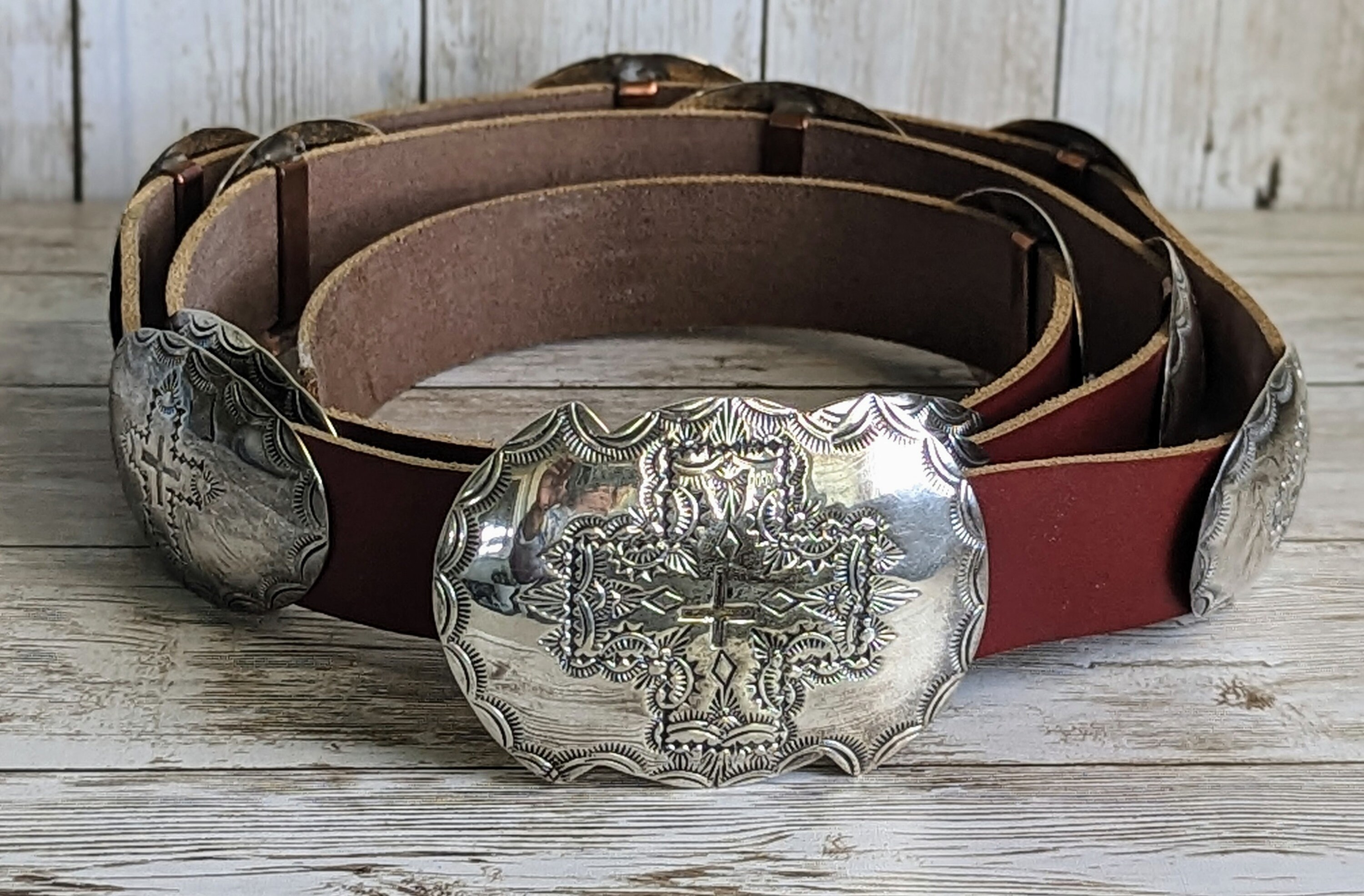 Vintage Mary Rita Padilla Sterling Silver Leather Concho Belt Navajo Native MARY RITA PADILLA signed sterling silver NAVAJO concho BELT  main image 2
