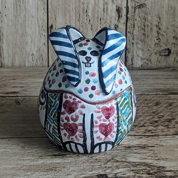 Whimsical Studio Pottery Hand-Painted Bunny Rabbit Trinket Box