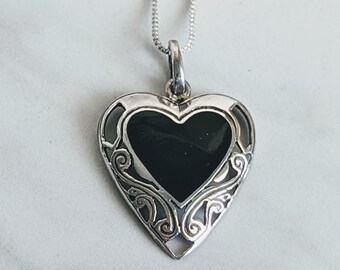 Sterling Silver Onyx Scrolled Heart Pendant Necklace