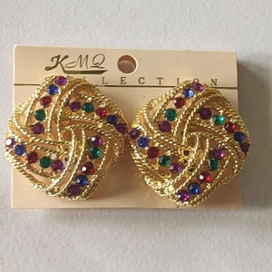 1980s Gold Tone Colored Rhinestone Square Clip-On Earrings