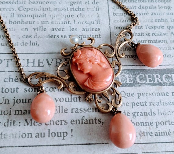 Antique Victorian 18kt Gold Coral Cameo Necklace - image 2