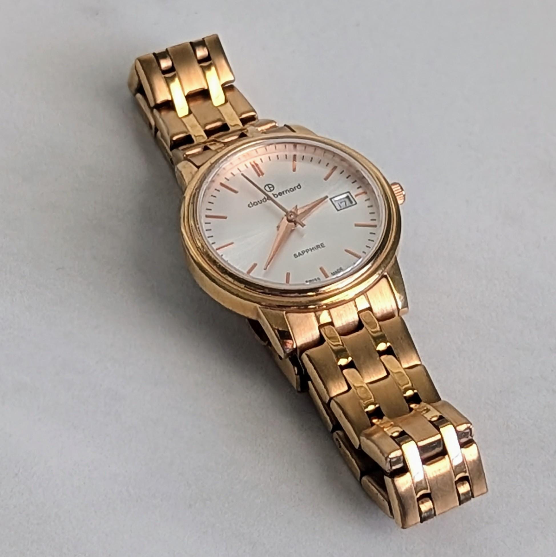 Claude Bernard Sapphire Watch: Gold Tone Basket Weave Band, Swiss 