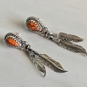 Vintage Navajo Sterling Silver Coral Feather Dangle Earrings signed Running Bear