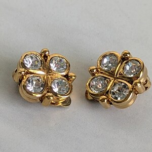 Nina Ricci Gold Plated Rhinestone Clover Clip Earrings 3/4&quot;
