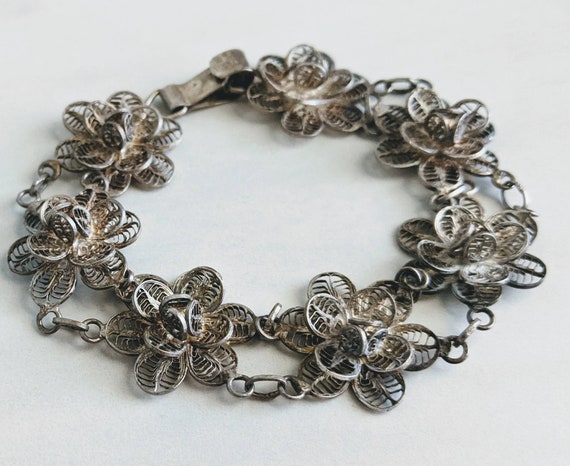 1920s 800 Silver Cannetille Filigree Flower Brace… - image 3