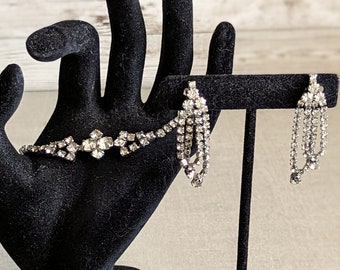 Vintage 1950s Rhinestone Bracelet and Clip-on Dangle Earrings Set