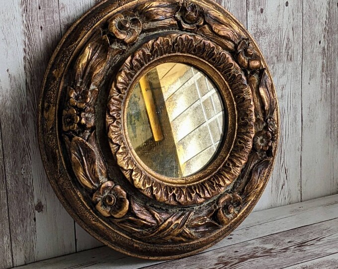 Gold Carved Wood Round Mirror Chunky Round Mirror Hand Carved Wood