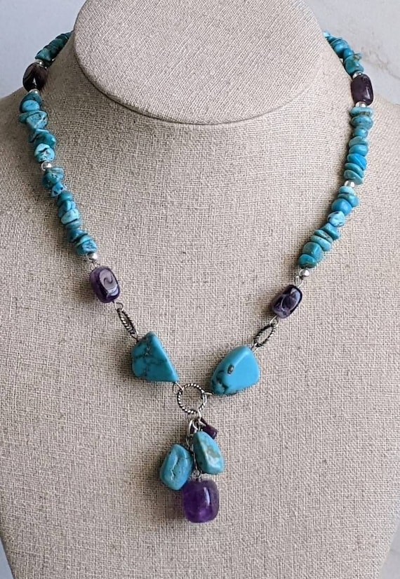 Turquoise Chip Amethyst 925 Silver Bead Necklace