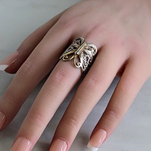 Sterling Silver Vermeil Filigree Butterfly Band Ring - Size 6.5