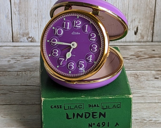 Vintage RARE 1970s Linden Travel Alarm Clock With Box Purple Clock