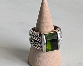 925 Silver Green Prism Glass Statement Ring - Size 7.25