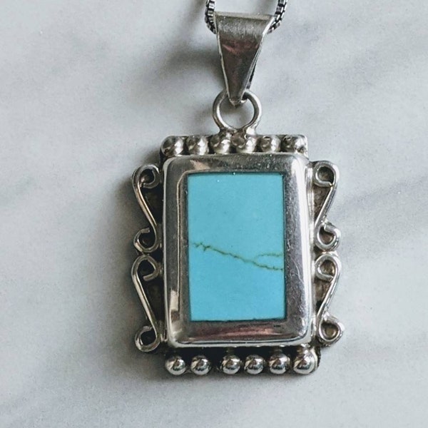 Gorgeous Mexican Sterling Silver Turquoise Pendant with Paolo Romeo 925 Silver Chain Necklace