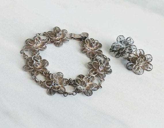 1920s 800 Silver Cannetille Filigree Flower Brace… - image 1