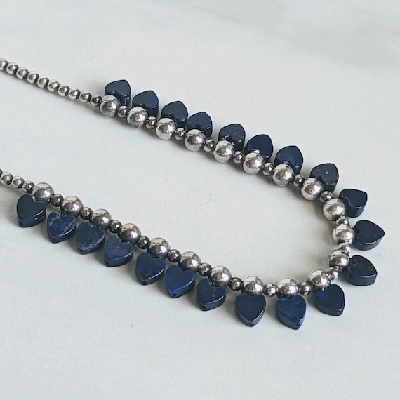 Sterling Silver Lapis Lazuli Ball Bead Heart Neck… - image 2