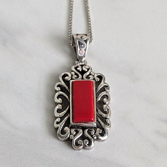Vintage Sterling Silver Red Stone Coral Scrolled … - image 4