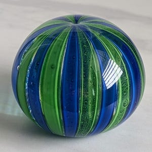 Vintage Art Glass Paper Weight Ribbon Striped Green Blue Murano