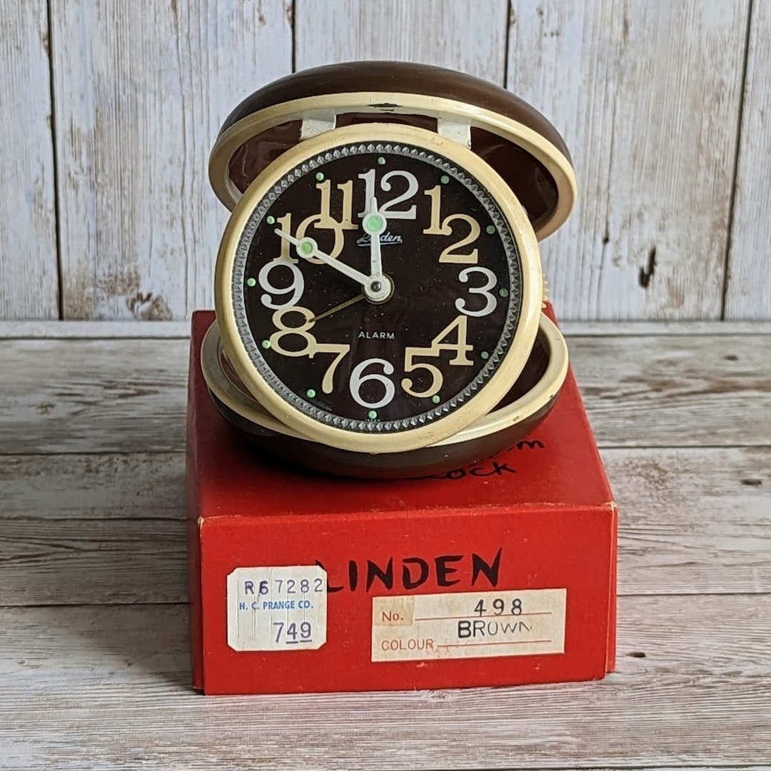 Vintage 1970s Linden Travel Alarm Clock With Box Brown Beige Clock