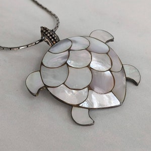 925 Silver Mother of Pearl Turtle Pendant Brooch with 22&quot; 925 Silver Chain | Turtle Necklace | Turtle Brooch