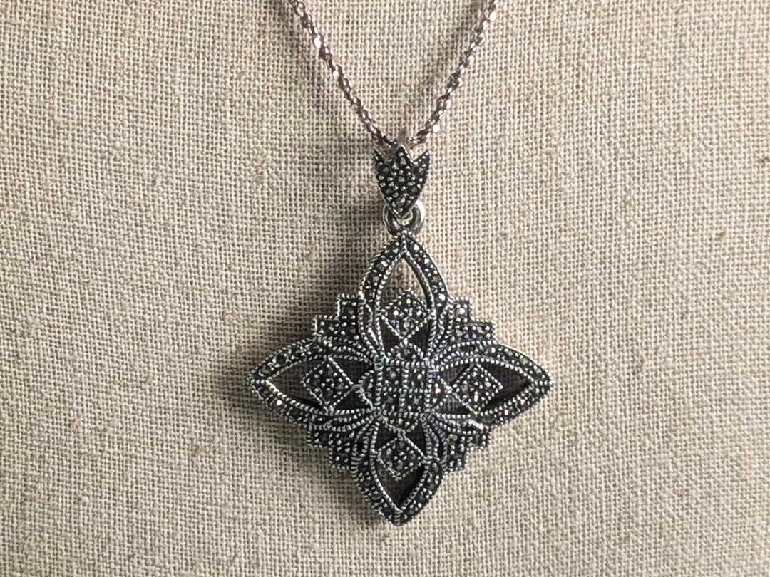 Vintage Marcasite Sterling Silver Pendant Necklace - Signed CW Marsala ...