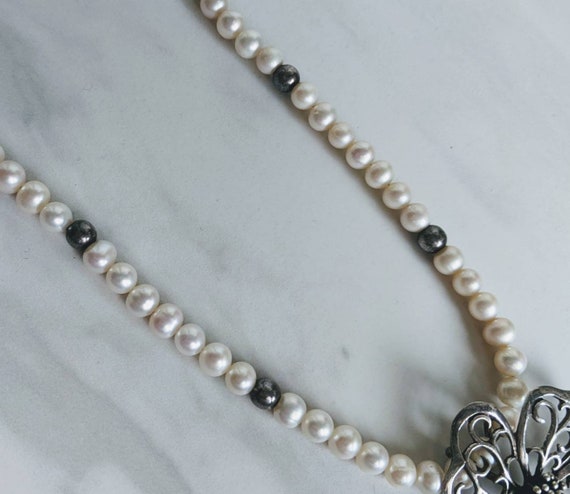 Elegant 925 Silver Flower Pendant Pearl Necklace … - image 2