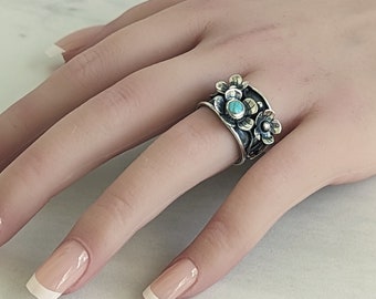 925 Silver Turquoise Flower Statement Ring Size 7