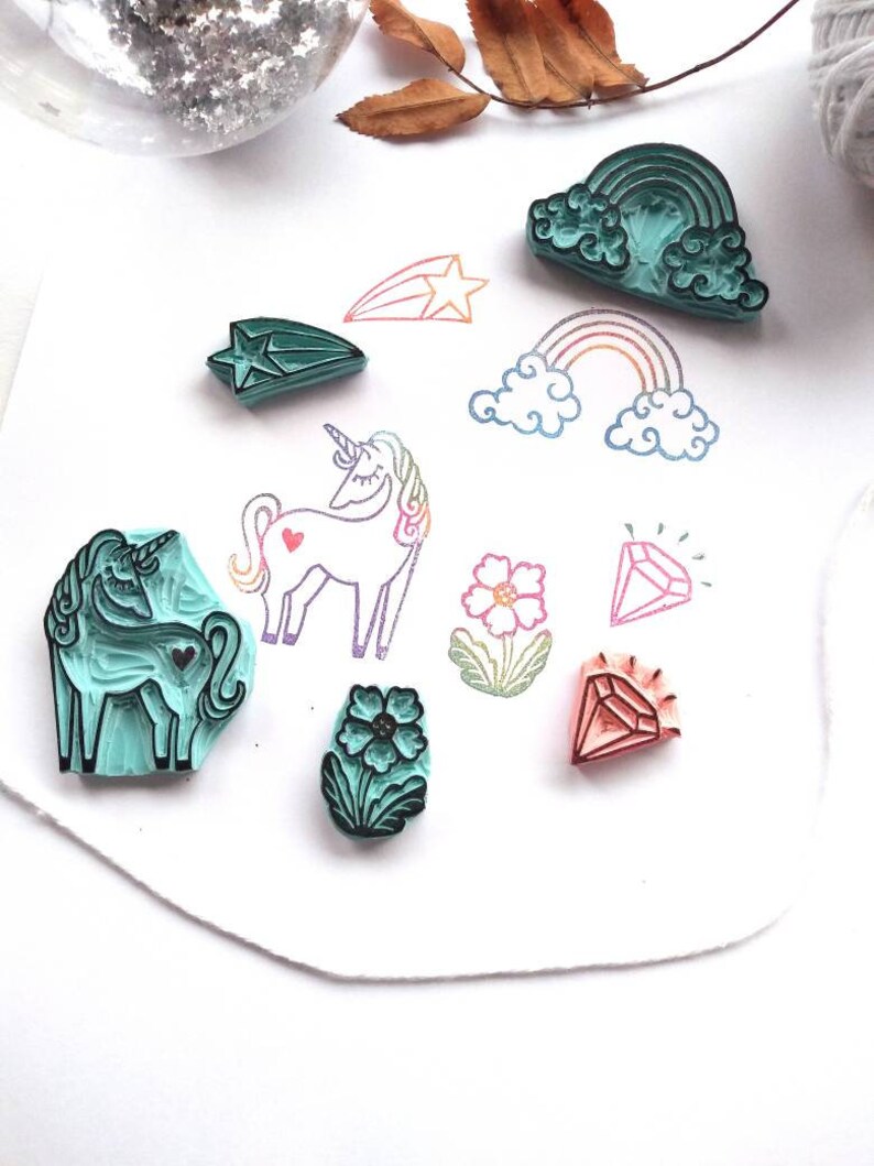 Unicorn and rainbows rubber stamp set. Unicorn gift set. image 4