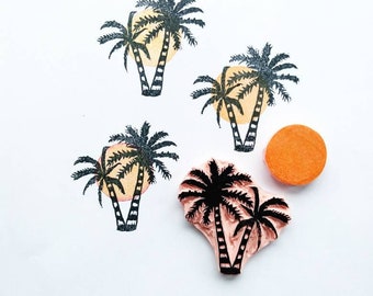 Palm tree and sunset rubber stamp, tropical decor set, beach rubber stamp set