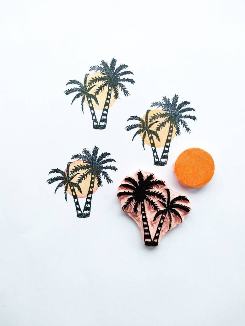 Palm tree and sunset rubber stamp tropical decor set | Etsy